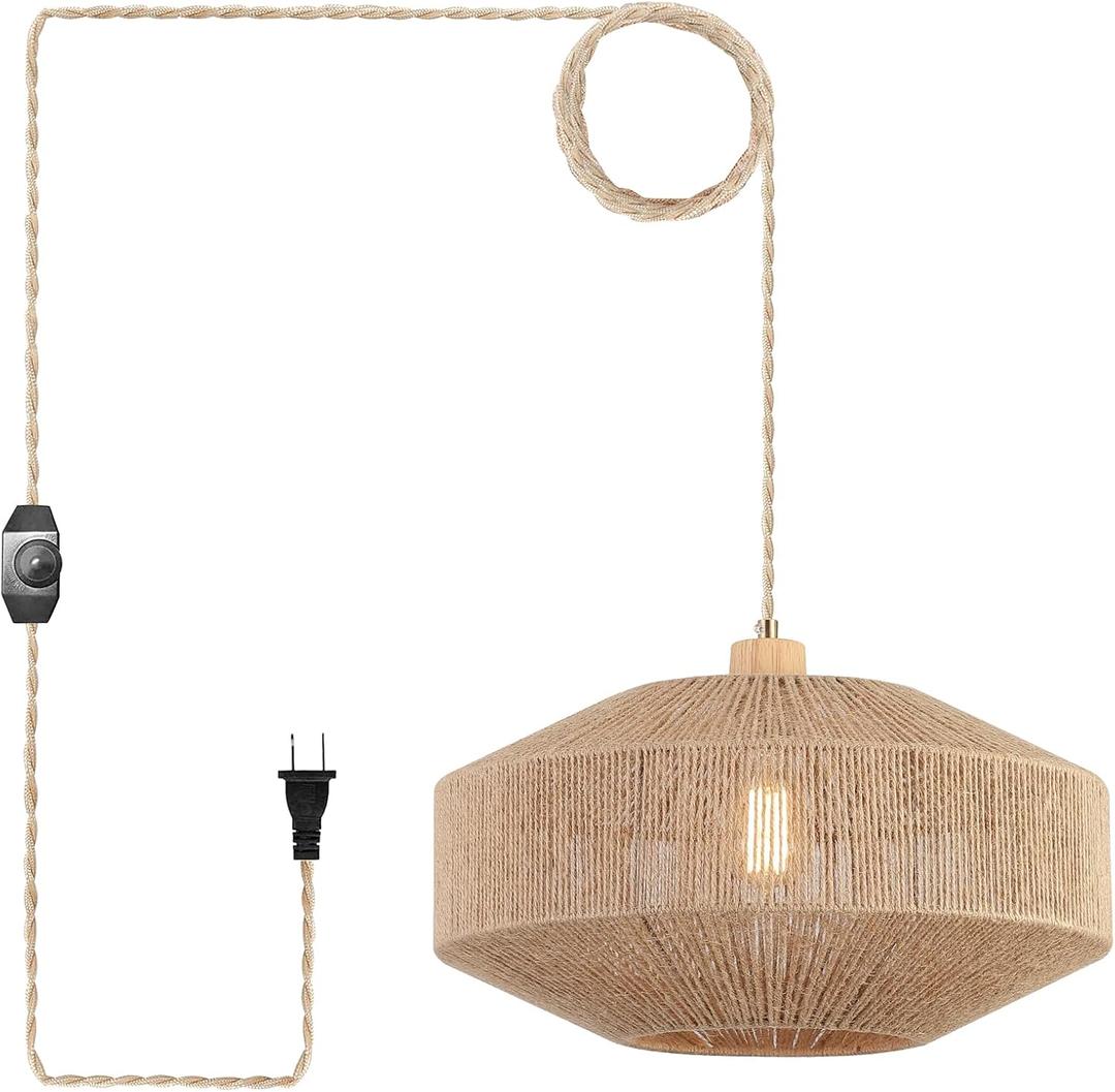Coastal Large Woven Plug in Pendant Light with 14ft Handmade Woven Light Cord, Dimmable Switch, Natural Hemp Rope Hanging Lamp for Kitchen Island Farmhouse Dining Room Living Room, 17.8 inch Width