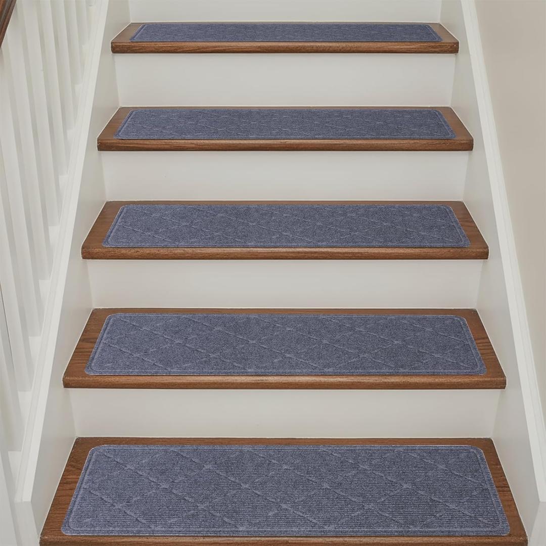 Stair Treads Non Slip for Wooden Steps Indoor, 15 Pack 9" X 28" Carpet Runners for Wood Stairs with Self-Adhesive Backing, Stickiness Stair Rugs for Kids Elders and Dogs, Diamond Dark Grey