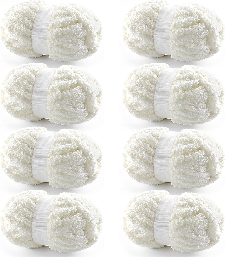 8 Pack Chunky Yarn for Hand Knitting - Chunky Chenille Blanket Yarn for Crocheting - Jumbo Fluffy Yarn for Crochet - Super Bulky Yarn 25 yds 7.7 oz Each Skein (Milky White)