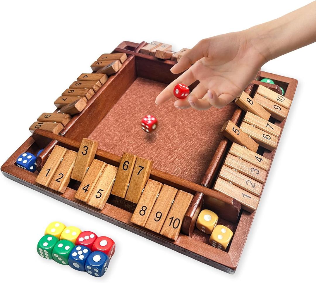 Shut the Box Wooden Board Game  4 Player 1-10 Numbers Dark Wood Math Game with 8 Dice, Classic Strategy Game for Adults & Kids, Educational Family for Learning Addition, Classroom or Party Toy