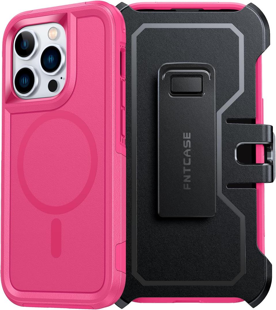 FNTCASE for iPhone 13 Pro Case: iPhone 14 Pro Magnetic Dual Layer Protective Cell Phone Cover with Belt-Clip Holster | Heavy Duty Military Grade Shockproof Protection Non Slip Textured Back Phonecase (Hot Pink)