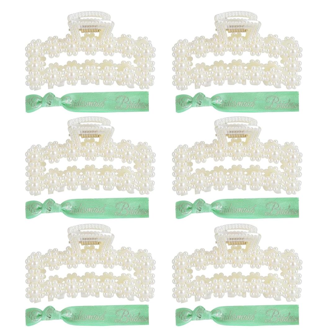 Bridesmaid Proposal Gift Set of 6 Bridesmaid Gifts Pearl Bride Hair Clips with Green Hair Ties, Bridal Shower Wedding Bachelorette Party Favors Gifts (Green)