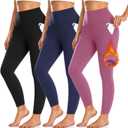 3 Pack Fleece Lined Leggings Women with Pockets -Warm Winter Yoga Pants for Women Thermal Running Workout Leggings (Large-X-Large, Black/Navy/Dark Pink)