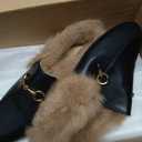 Vertundy Fur Mules with Metal Buckle Slip On Flats for Women Backless Sandals Dress Shoes Work Slides, Size 10