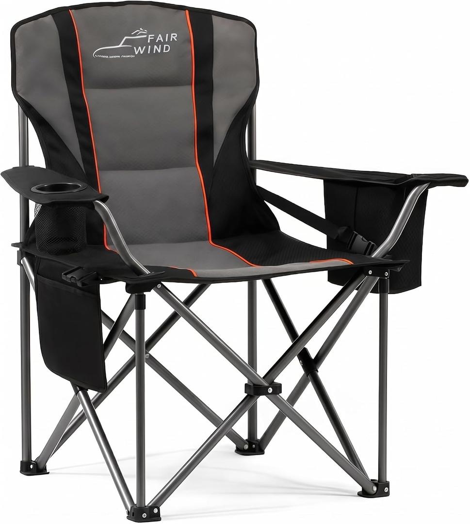 FAIR WIND Padded Camping Chair 500LBS Capacity Heavy Duty Oversized Folding Chair for Heavy People Portable Lawn Chair with Adjustable Lumbar Support, Cooler Bag & Cup Holder for Outdoor, Beach, Single Pack