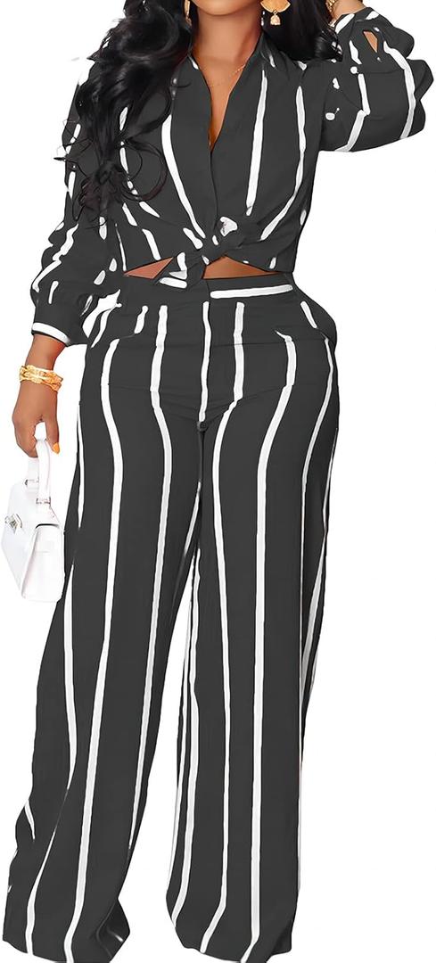 Remelon Women's Casual Two Piece Outfits Striped Long Sleeve Collar Button Down Shirt Blouse High Waist Wide Leg Pants Sets (Medium, Black)