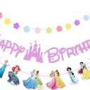 Pink Princess Birthday Banner for Girls, Princess Themed Happy Birthday Party Decoration For Kids Party Baby Shower Decorations