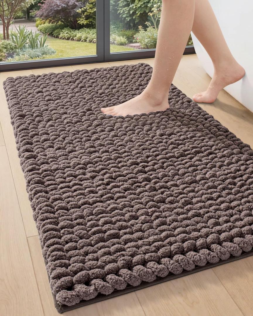 DEXI Bathroom Rugs 24x43, Non Slip Washable Bath Mat, Luxury Chenille Super Absorbent Ultra Thick Bathmats for Shower Floor, Plush Fluffy Shaggy Carpet for Tub, Brown