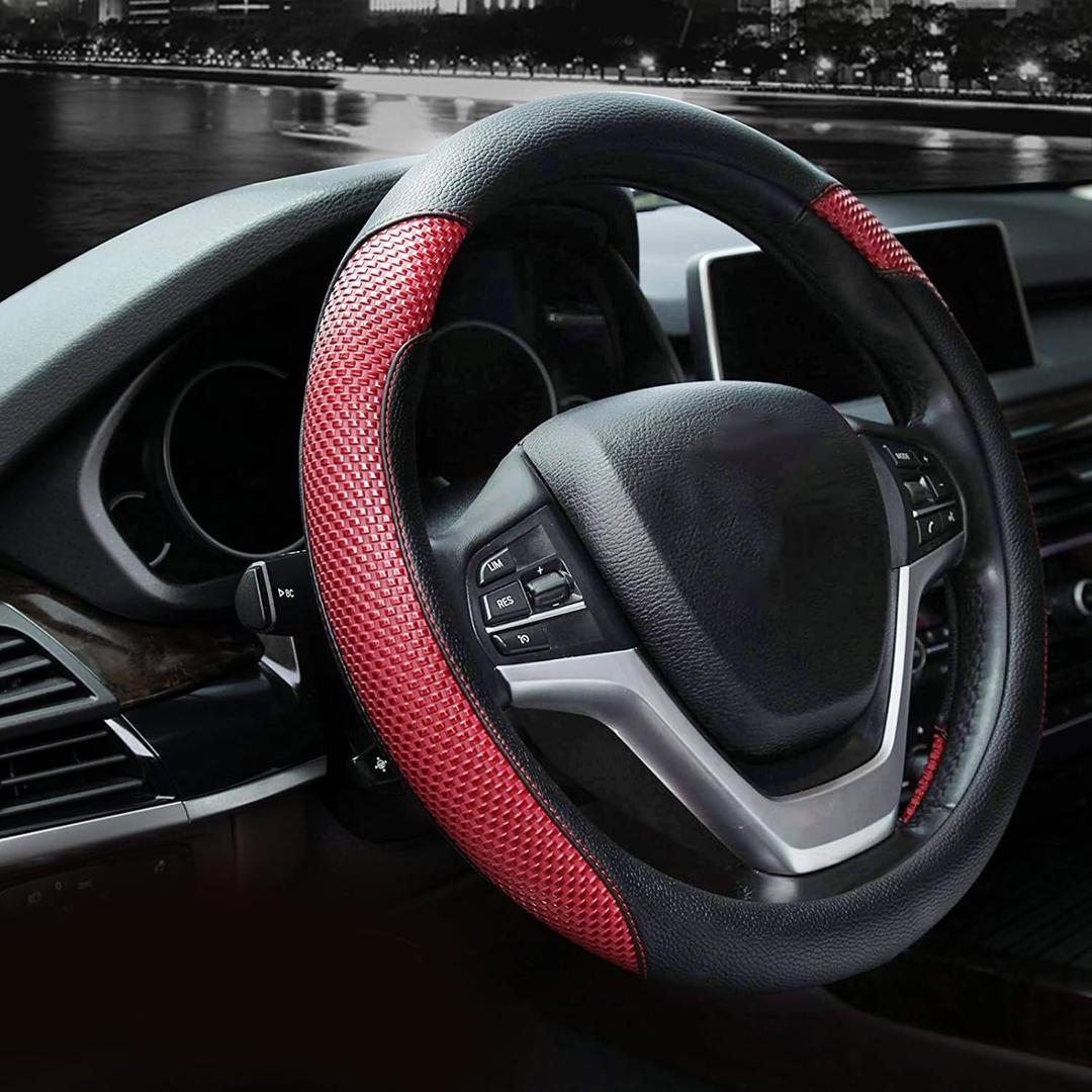 Valleycomfy Steering Wheel Cover with Microfiber Leather for Car Truck SUV 15 inch (Red) (Medium(Standard) Size[14.5"-15"], Z-Red)