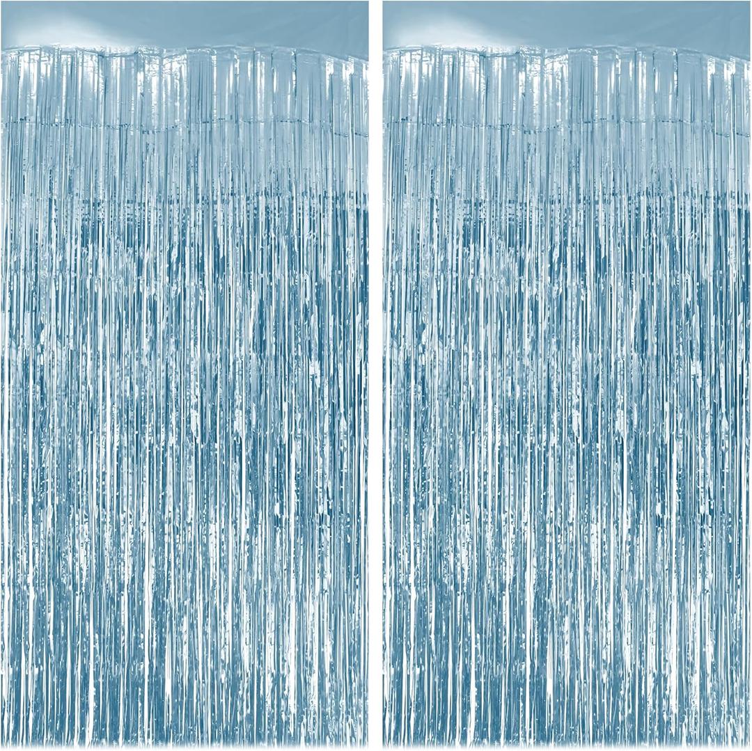 2 Pack Light Blue Fringe Backdrop, 3.2x8.2ft Shining Foil Tinsel Curtains, Birthday Party Decorations Door Streamers for Halloween, Christmas, Wedding, Graduation, Holiday, Theme Events
