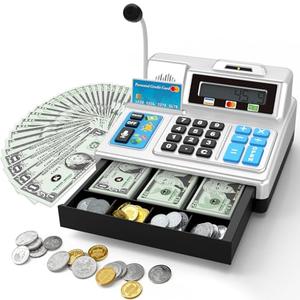 Calculator Cash Register - 103 Pcs Toy Cash Register, Store Set with Microphone, Credit Card and Banking for Kids, Toddler Math Learning Toys, Preschool Gifts for 3, 4, 5, 6, 7, 8+ Years Old Boy Girl