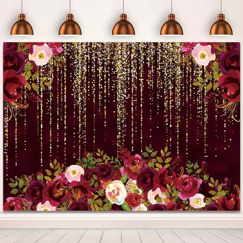 5x3ft Burgundy Red Flowers Wedding Backdrop for Photography Gold Dots Background for Bridal Shower, Woman & Girl Birthday Party Cake Table Decorations Banner Photo Studio Props