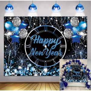 Blue and Silver Glitter New Year Background for Photography 2026 New Year's Eve Party Decorations Fireworks Balloon New Year Christmas Photo Booth Props (8X6FT)