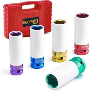 1/2" Drive 5pc Impact Lug Nut Socket Set, Metric 15-17-19-21-22 mm, Thin Wall with Colored Covers, Wheel Lug Nuts Socket with Protective Sleeve and Insert Prevent Damage to Rims (Red