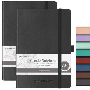 quipreco 2Pack Hardcover Lined Journal Notebook, A5 192 Pages 100Gsm Paper College ruled for School,Work,Travel,and Daily Planning5.7''*8.3'',Black