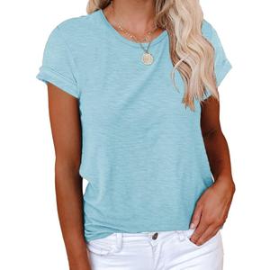 Cicy Bell Women's Short Sleeve Shirts Crewneck Loose Casual Summer Basic Tees Tops (Blue, L)