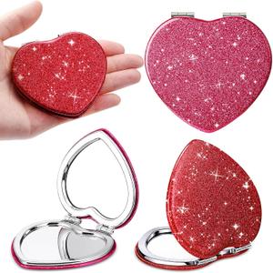 Briwooody 4 Pcs Valentine's Day Heart Compact Folding Mirror Mini Vanity Mirror Double Sided Cute Glitter Cosmetic Gift Portable Travel Magnifying Makeup Supplies for Women Mom Home(Red, Rose Red)