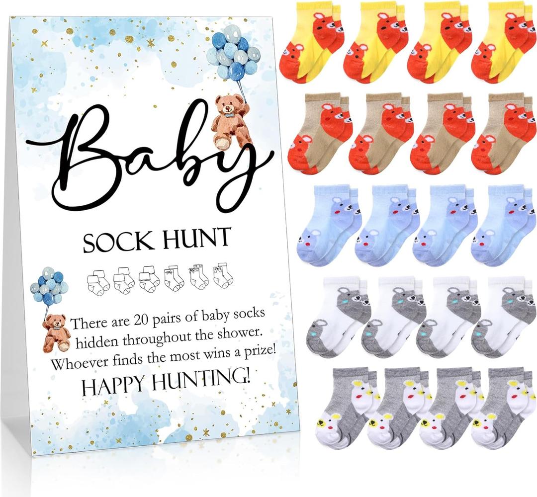Hoteam 21 Pcs Baby Shower Games Include Baby Sock Hunt Sign and 20 Pair Small Cotton Socks Wooden Table Sign with Holder for Gender Reveal Party Favors(Simple Style, Bear)