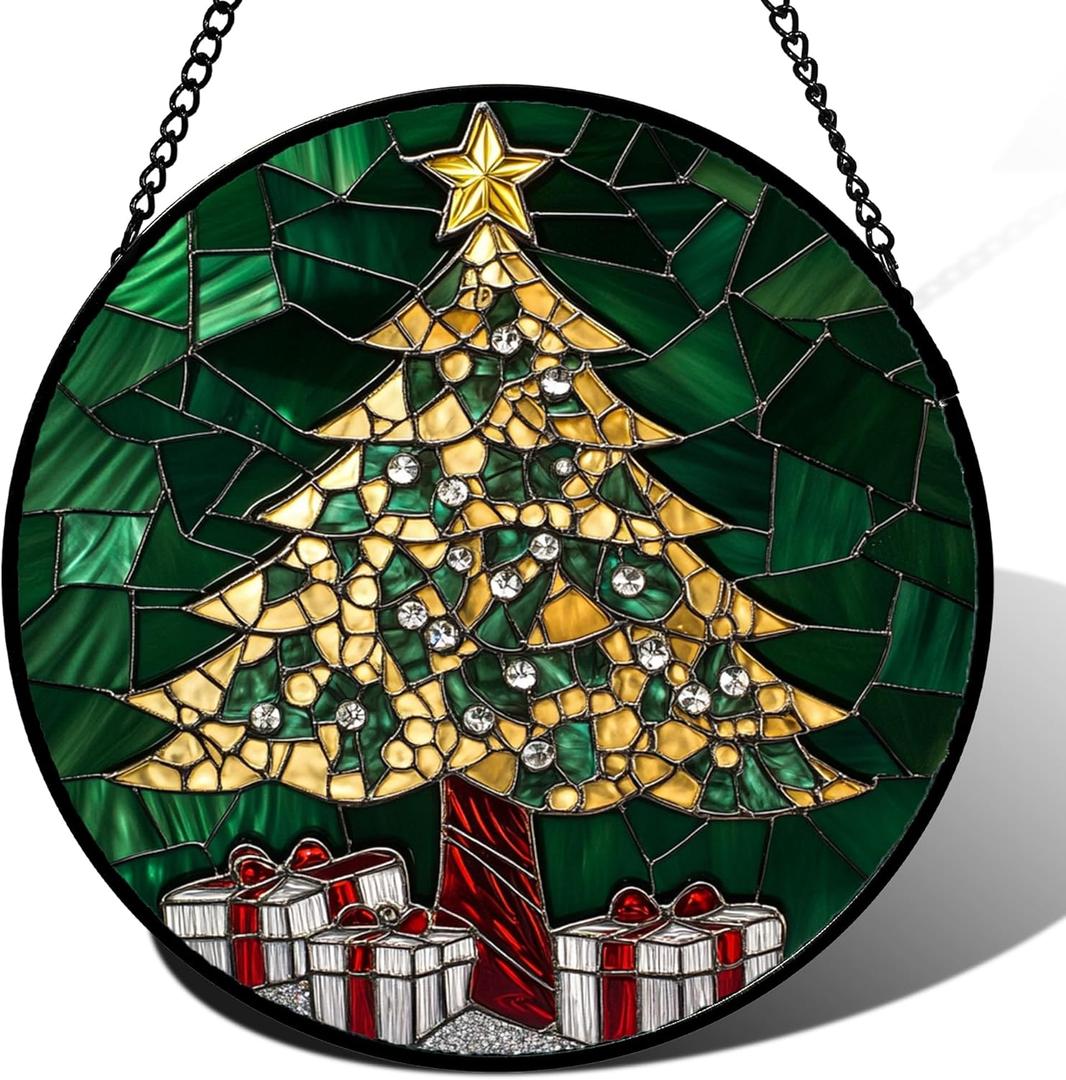 Stained Glass Window Hanging - Golden Christmas Tree Suncatcher for Doors Home Christmas Decoration Winter Sun Catcher Thanksgiving New Year Birthday Gifts for Women Men Mom Nana Girl 9.8 in (Green and Gold)