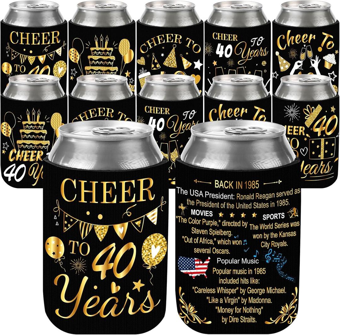 40th Birthday Can Sleeves for Men - 12 Pack 40 Years Birthday Decorations Black Gold Vintage 1985 Beer Beverage Cans Cooler Sleeves for Happy Forty Year Old Party Favors Decor Supplies Gifts