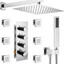 MONDAWE 12 Inch Thermostatic Shower System in Chrome, Wall Mounted Shower Head with Handheld Spray and 6 Body Jets, High Pressure Bathroom Shower Faucet Set with Thermostatic Valve