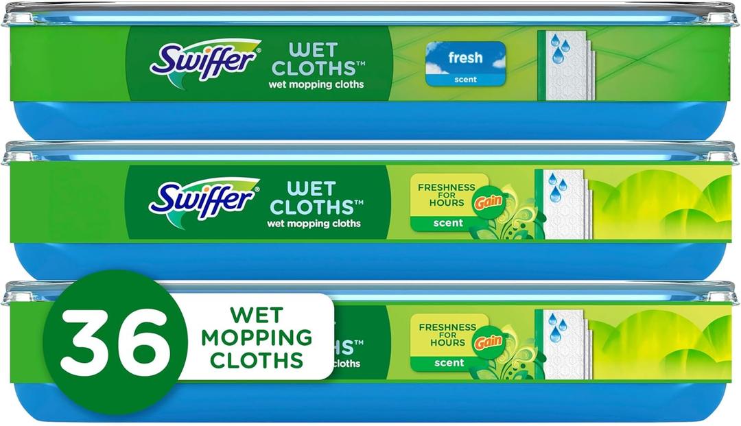 Swiffer Sweep + Mop, Wet Pads Refill, Floor Cleaner for Dirt, Dust, Hair, Cleaning Cloths for Mopping Home, Bathroom, Kitchen, All Purpose Multi-Surface Floor Wipes, Fresh and Gain, 36ct