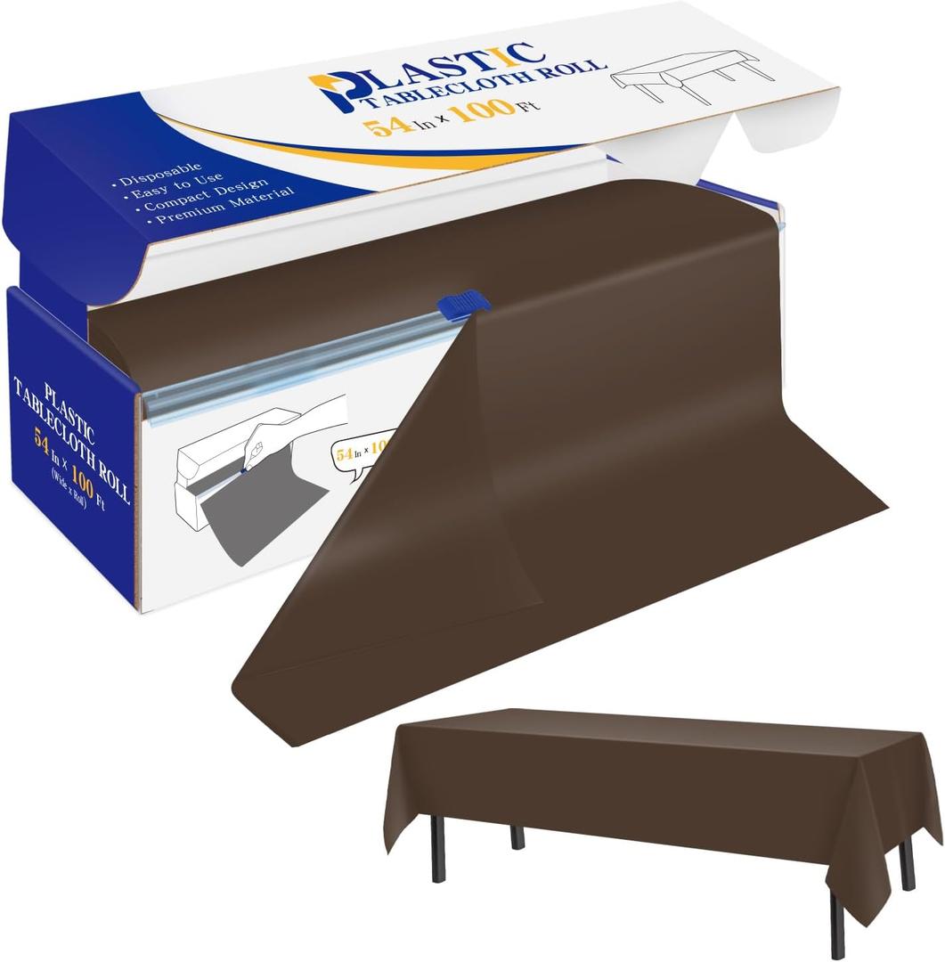 YSYJ Plastic Table Cover Roll Brown Disposable Table Cloth 54 in x 100 Ft, Plastic Table Cloths with Slide Cutter, Table Cover for Parties