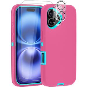 Case for iPhone 16 Case 6.1" with 2 Screen Protector + 2 Camera Lens Protector, Full Body Heavy Duty Military Grade Cover, Shockproof/Drop Proof Protection Phone Case (Pink Blue)