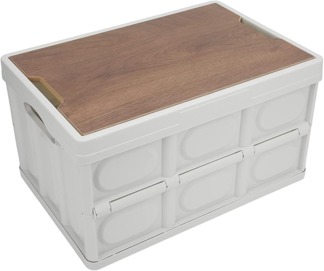30L Outdoor Multifunctional Folding Storage Box Thicken Removable Portable Storage Box with Wooden Panel(White)