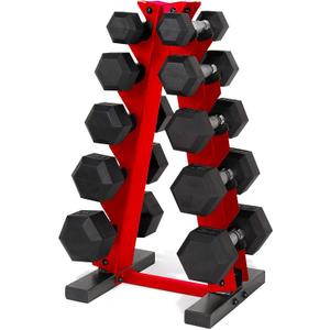 CAP Barbell 150 LB Coated Hex Dumbbell Weight Set with Vertical Rack | Multiple Options (Red Rack)