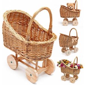 Vintage Wicker Baby Carriage DecorWoven Rattan Stroller Flower Basket Cart for Wedding Centerpieces, Baby Shower Party Supplies & Nursery Floral Arrangement Props Floral Rustic Home Decor