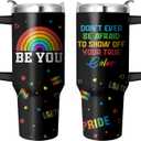 Rainbow Pride Flag Tumbler, Retro Be You Travel Mug, Gay Pride Cups Lesbian Gifts for Women Men, 40 Oz Stainless Steel Tumbler With Handle & Straw, LGBTQ Awareness Month Gifts