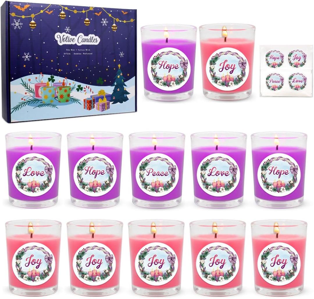 20 Packs Unscented Christmas Advent Votive Candles in Glass, Small Natural Soy Wax Colored Candles with 20pcs Stickers of Hope, Peace, Joy and Love - 5 Pink and 15 Purple
