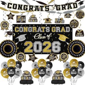 Black and Gold Themed 2026 Graduation Decorations Set - Congrats Grad Banner, Class of 2026 Backdrop, Balloons & Streamers Kit - Graduation Party Supplies for High School & College Celebrations