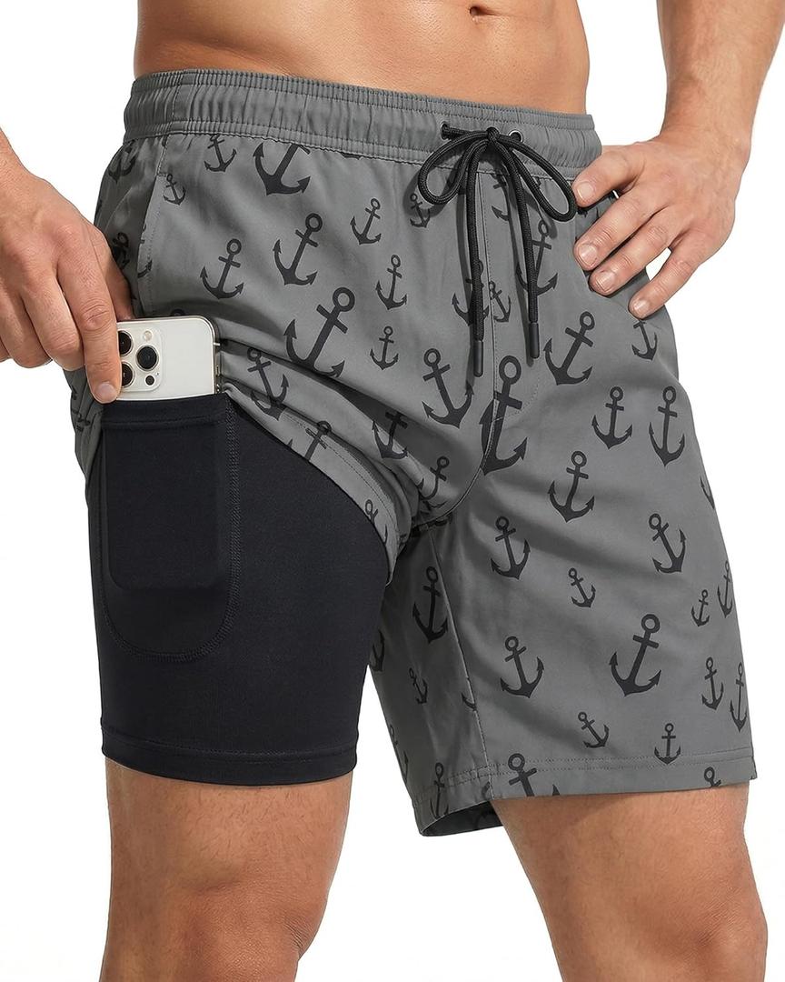 7 Inch Men Swim Trunks with Compression Breathable Liner Quick Dry Zipper Pockets for Pool Board Beach Cruise