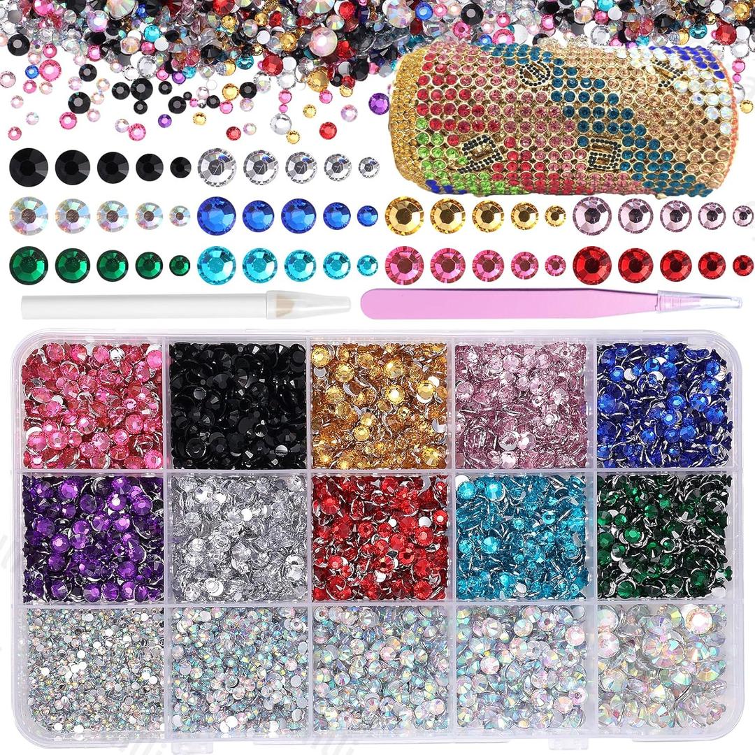 15000 Pcs Resin Rhinestones for Crafts, Colorful Jelly Resin Rhinestones for Bedazzling Gems Mix Sizes Flatback Gems Jewels for DIY Mugs Tumblers Bottles Clothing Shoes Nail Art (Set-11)