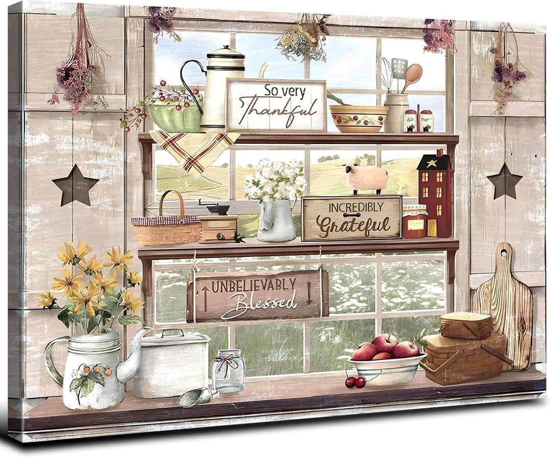 Farmhouse Kitchen Wall Art Country Style Faux Window Pictures for Dining Room Vintage Nature Landscape Wall Decor Brown Still Life Scenery Canvas Prints Modern Restaurant Table Home Decorations 12x16"