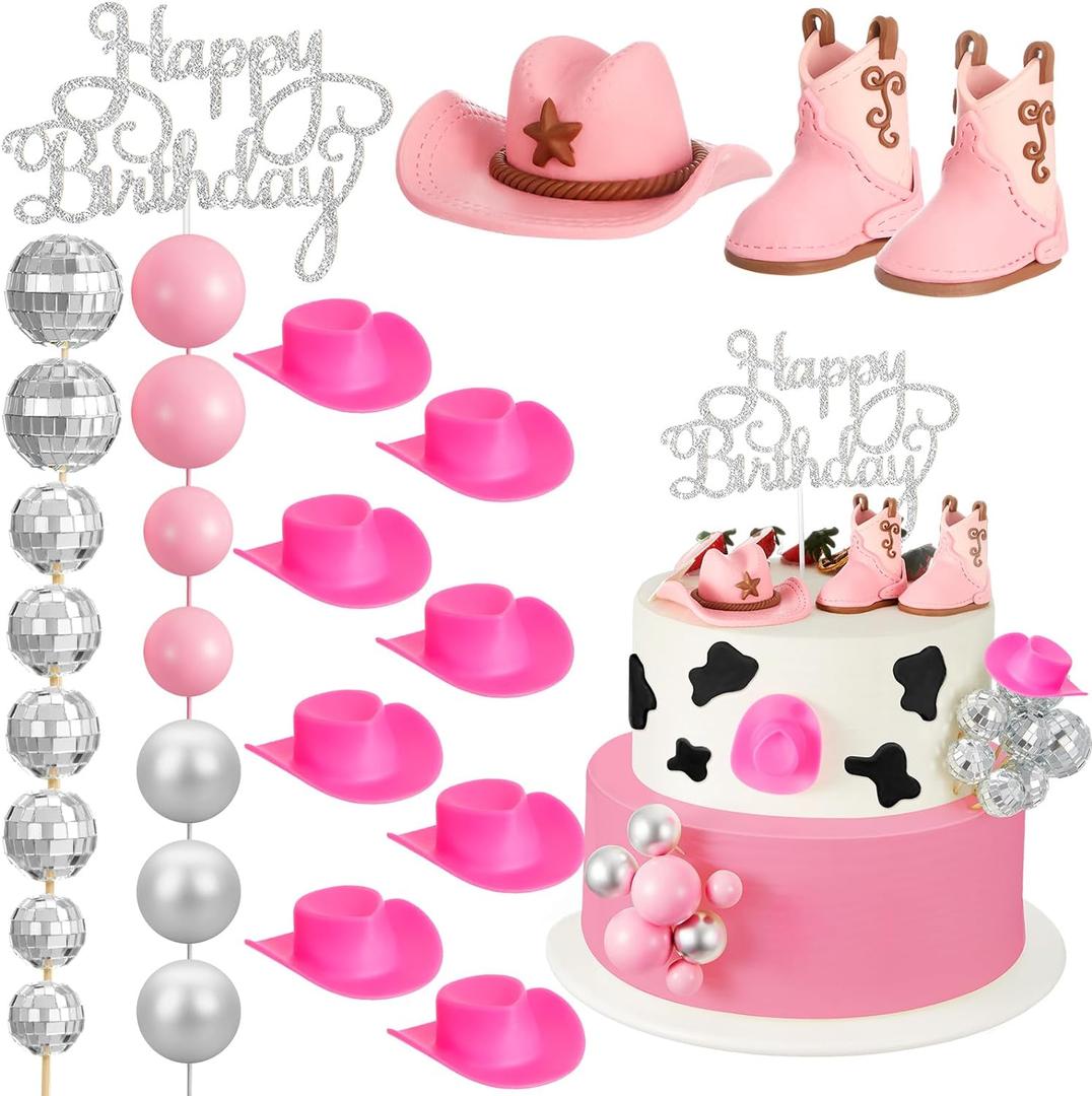 RoundFunny 26 Pcs Cowgirl Cake Decorations Cowgirl Cake Topper Disco Decorations Hat Topper Western Cowboy Birthday Baby Shower for Western Theme Party Supplies(Pink,Cute)