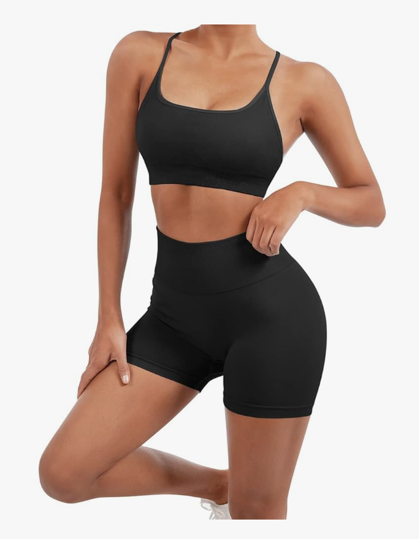 SUUKSESS Women Seamless Workout Sets Strappy Sports Bra High Waist Booty Shorts Outfits L