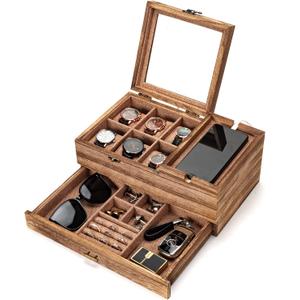 Pinzoveco Watch Box Organizer for Men, 6 Slot Mens Jewelry Box Display & Storage Watch, Solid Wood Watch Case for Men, Gift for Boyfriend Fathers Day Birthday Gifts (Carbonized Brown)