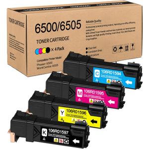 6500 6505 High Capacity 4-Color Set Compatible 106R01597 106R01594 106R01595 106R01596 Toner Cartridge Replacement for Xerox Phaser 6500 WorkCentre 6505 Printer Toner (BK/C/M/Y).