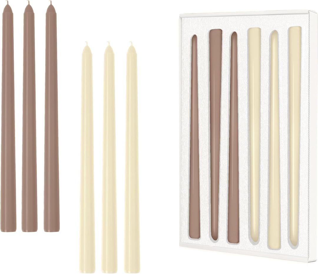 10 Inch Ivory Brown Taper Candles Set of 6 Unscented Smokeless Long Tall Tapered Candles for Candlesticks Sticks Wedding Home Decor Dinner (Cream+Tan Brown)