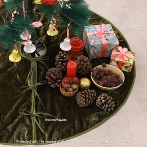 Labhanshi Moss Green 48 Inch Velvet Christmas Tree Skirt, Boho Xmas Tree Mat for Holiday Farmhouse Decorations, Rustic Luxury Tree Skirt