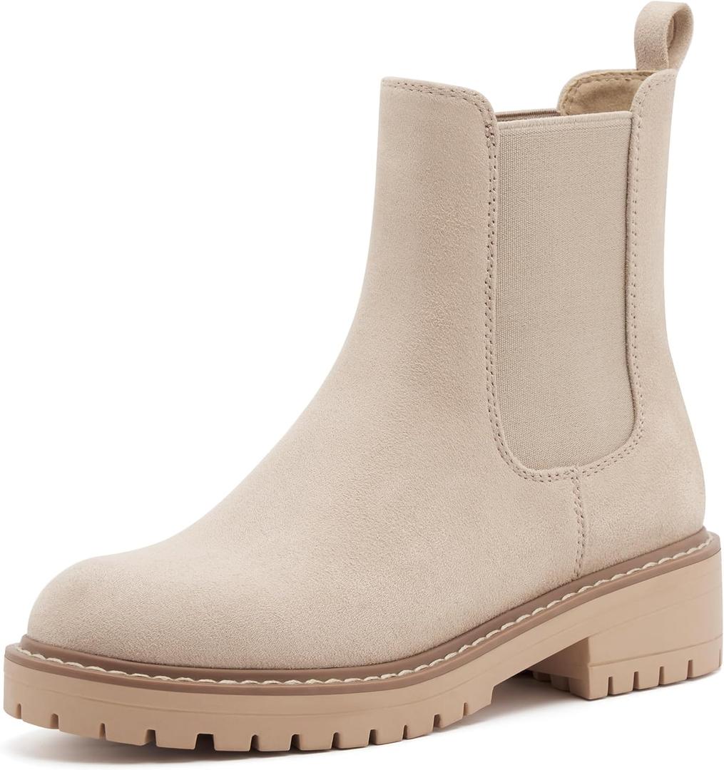 vodvob Women's Chelsea Boots Fashion Slip On Ankle Booties Casual Elastic Chunky Block Booties (8, Nude)