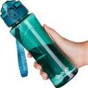 OLDLEY Kids Water Bottle with Straw 15 oz BPA-Free Leak-Proof Motivational Water Bottles with Time Marker for School Sports Travel Gym, Easy to Use for Girls Goys, 1 Straw Lid,Transparent-dark green (A-Transparent Dark Green)