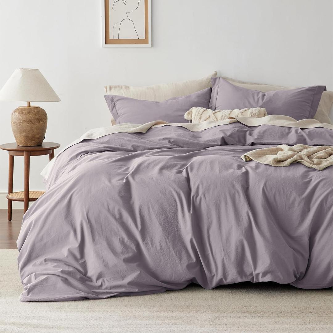 Bedsure 100% Washed Cotton Duvet Cover Queen Size - Lavender Minimalist Cotton Duvet Cover Linen Like for All Seasons - GentleSoft Plain Simple Bedding (Lavender, Queen, 90"x90")