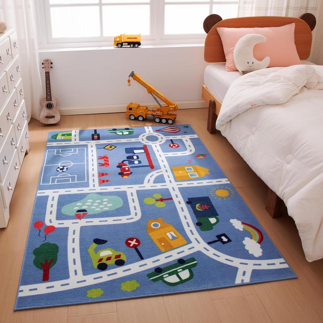 Amazon Basics Kids Washable Area Rug, Printed Carpet Play Mat for Living Room, Bedroom, Nursery, Classroom, 4' W  6' L, City Road Blue
