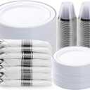 BESTVIP 350PCS Silver Plastic Dinnerware Set, Disposable Party Plates for 50 Guests, Include: 100 Plastic Plates, 50 Pre Rolled Napkins with Silver Silverware, 50 Cups