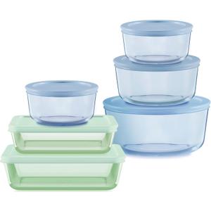 Pyrex Colors Tinted (12-PC Full Set) Small/Medium/Large Food Storage Container Set, Snug Fit Non-Toxic Plastic BPA-Free Lids, Freezer Dishwasher Microwave Safe, 3 Cup, 6 Cup & 11 Cup (Green, Blue)