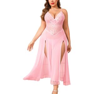 Avidlove Plus Size Lingerie for Women Sexy Lace Babydoll Long Lingerie Dress Side Split Nightgown (4X-Large, Pink)